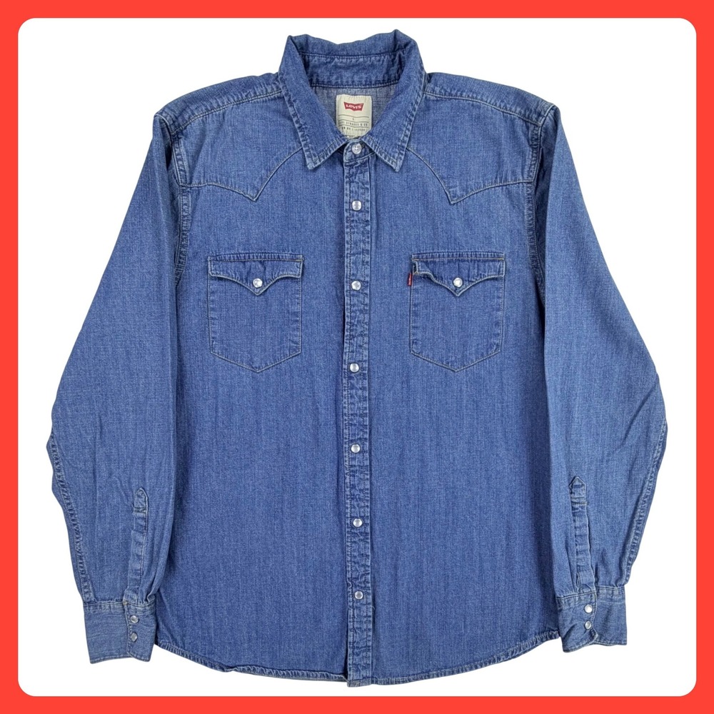 Levi's Western Pearl Snap Shirt Men Large Blue 100% Cotton Denim Yoke Pocket